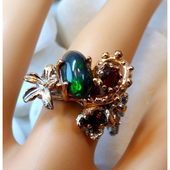 AAA 5ct Australian Black Opal-Hessonite Garnet Sterling Silver Ring Sz 8 - Picture 1 of 8